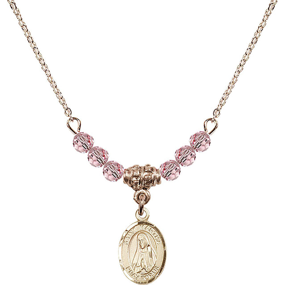 14kt Gold Filled Saint Martha Birthstone Necklace with Light Rose Beads - 9075