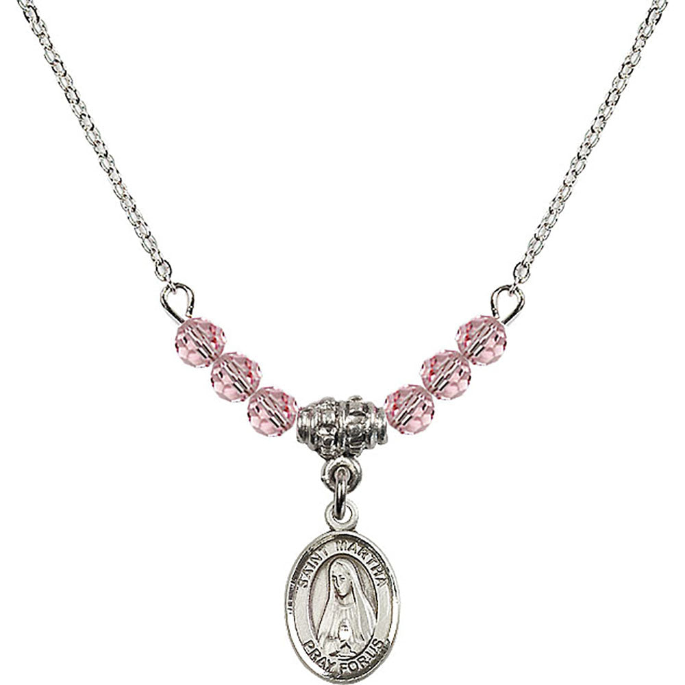 Sterling Silver Saint Martha Birthstone Necklace with Light Rose Beads - 9075