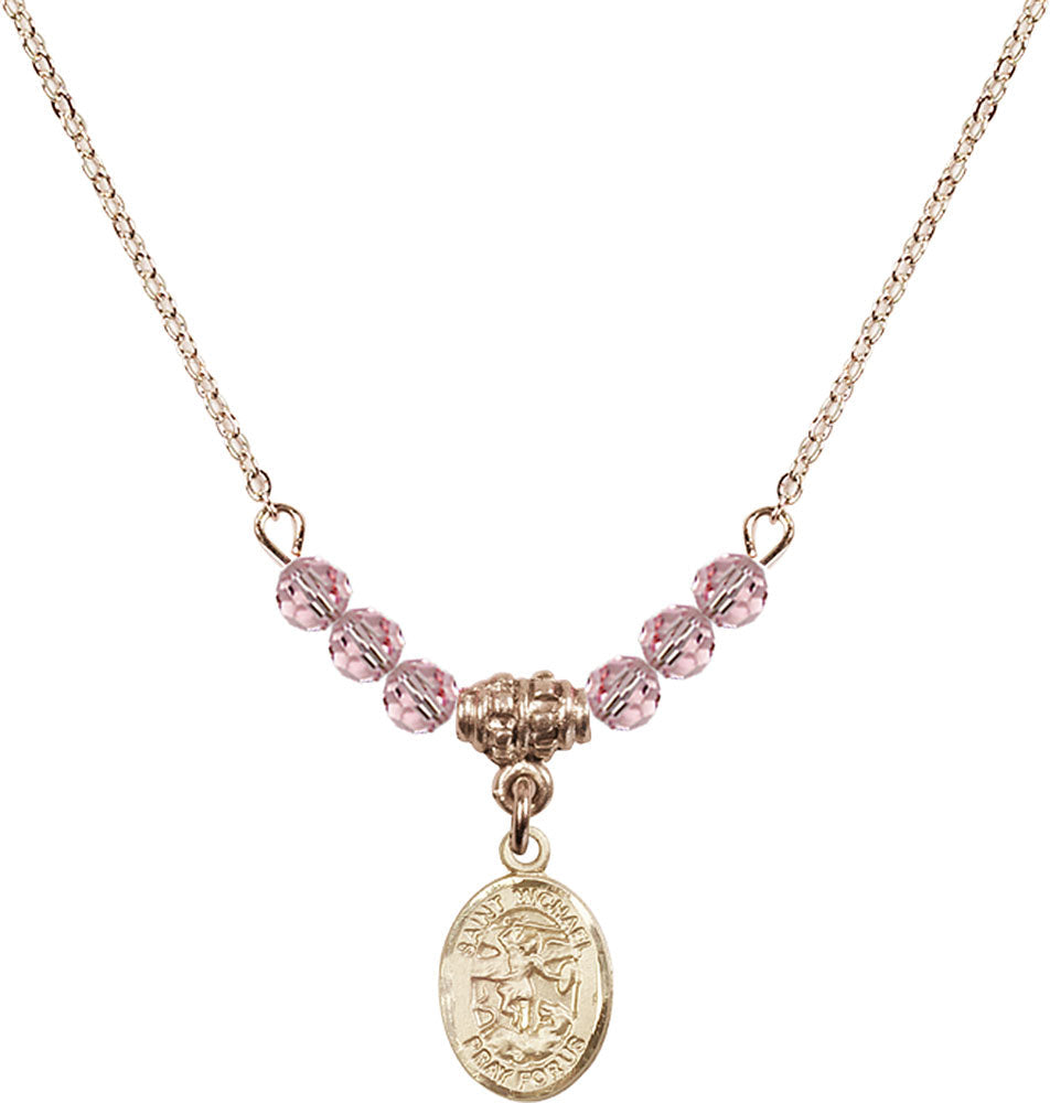 14kt Gold Filled Saint Michael the Archangel Birthstone Necklace with Light Rose Beads - 9076