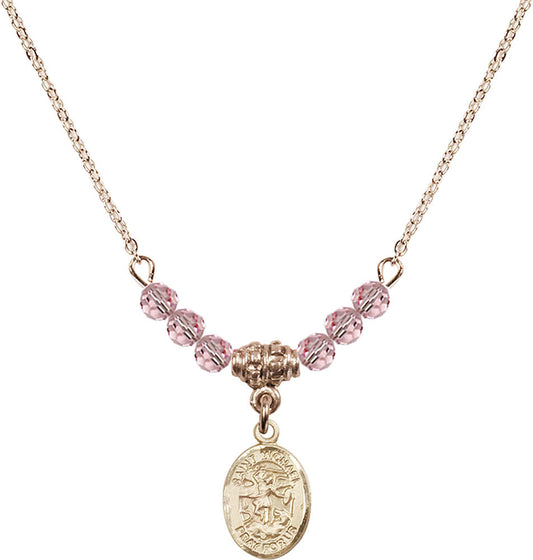14kt Gold Filled Saint Michael the Archangel Birthstone Necklace with Light Rose Beads - 9076
