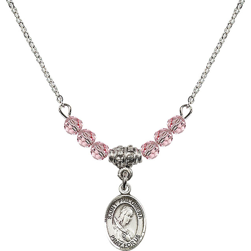 Sterling Silver Saint Philomena Birthstone Necklace with Light Rose Beads - 9077