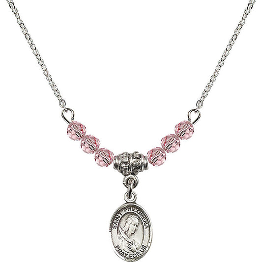 Sterling Silver Saint Philomena Birthstone Necklace with Light Rose Beads - 9077