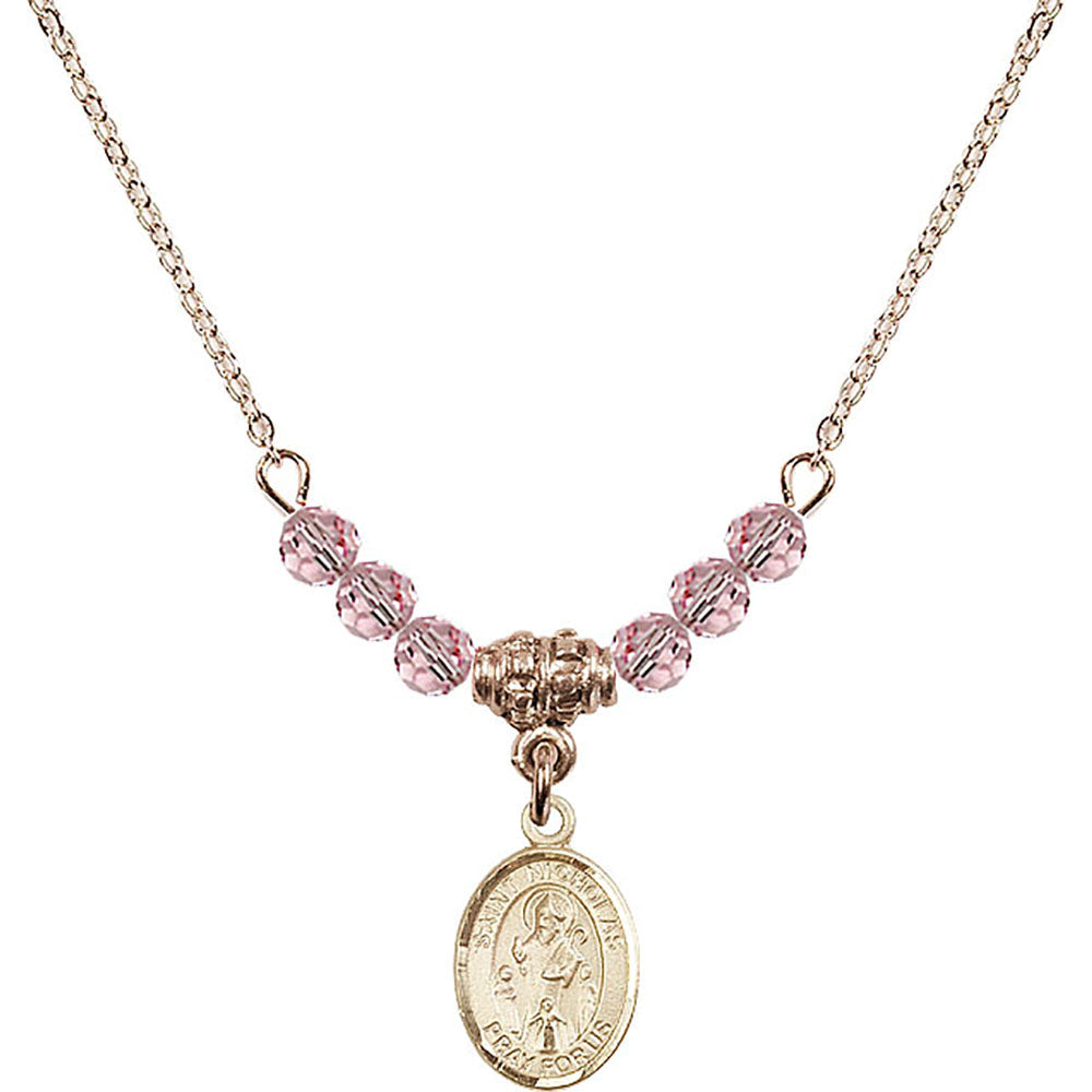 14kt Gold Filled Saint Nicholas Birthstone Necklace with Light Rose Beads - 9080