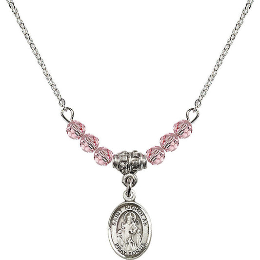 Sterling Silver Saint Nicholas Birthstone Necklace with Light Rose Beads - 9080