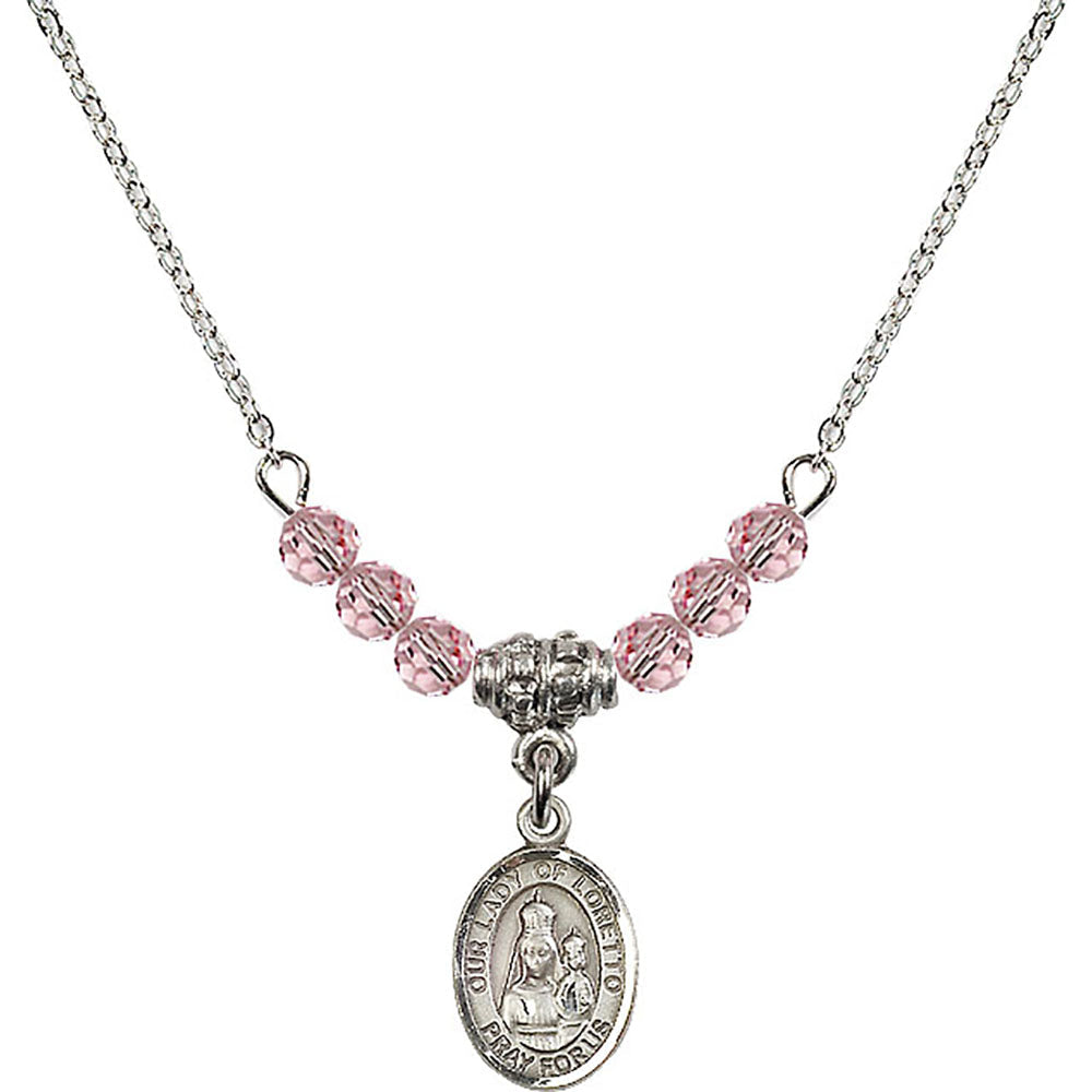 Sterling Silver Our Lady of Loretto Birthstone Necklace with Light Rose Beads - 9082