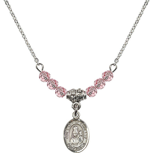 Sterling Silver Our Lady of Loretto Birthstone Necklace with Light Rose Beads - 9082