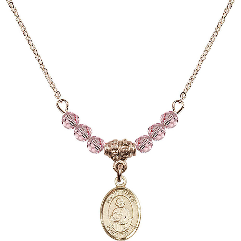 14kt Gold Filled Saint Philip the Apostle Birthstone Necklace with Light Rose Beads - 9083