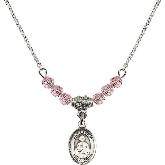 Sterling Silver Saint Philip the Apostle Birthstone Necklace with Light Rose Beads - 9083