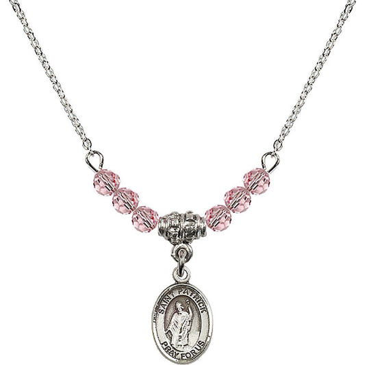 Sterling Silver Saint Patrick Birthstone Necklace with Light Rose Beads - 9084