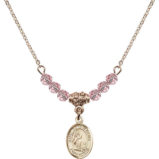 14kt Gold Filled Saint Bonaventure Birthstone Necklace with Light Rose Beads - 9085