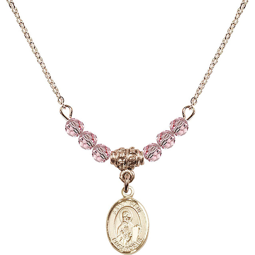 14kt Gold Filled Saint Paul the Apostle Birthstone Necklace with Light Rose Beads - 9086