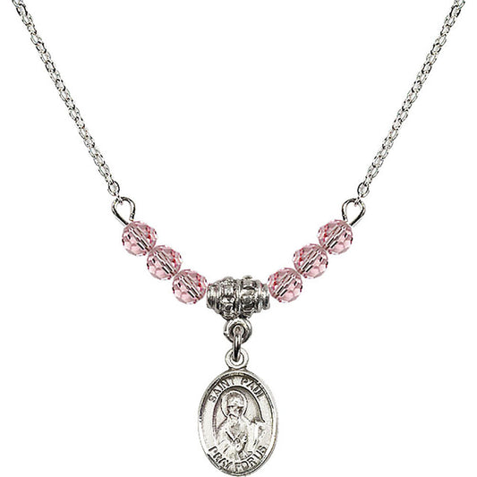 Sterling Silver Saint Paul the Apostle Birthstone Necklace with Light Rose Beads - 9086