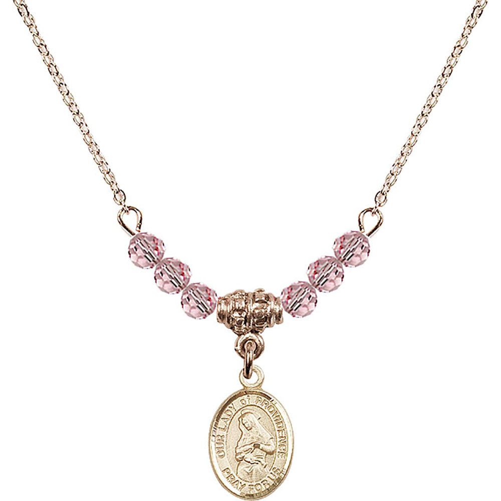 14kt Gold Filled Our Lady of Providence Birthstone Necklace with Light Rose Beads - 9087