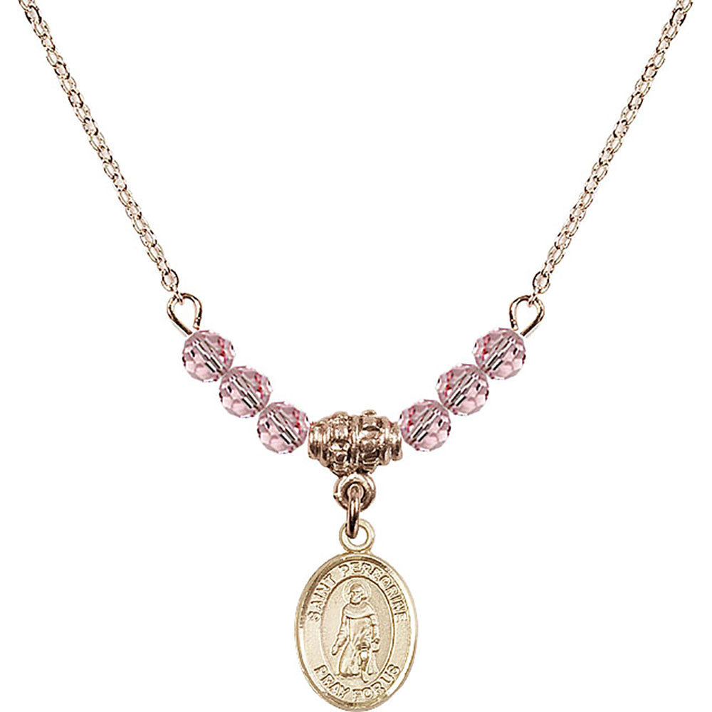 14kt Gold Filled Saint Peregrine Laziosi Birthstone Necklace with Light Rose Beads - 9088
