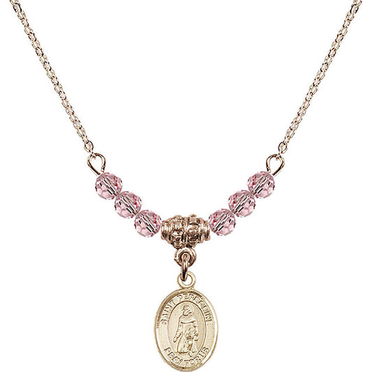 14kt Gold Filled Saint Peregrine Laziosi Birthstone Necklace with Light Rose Beads - 9088