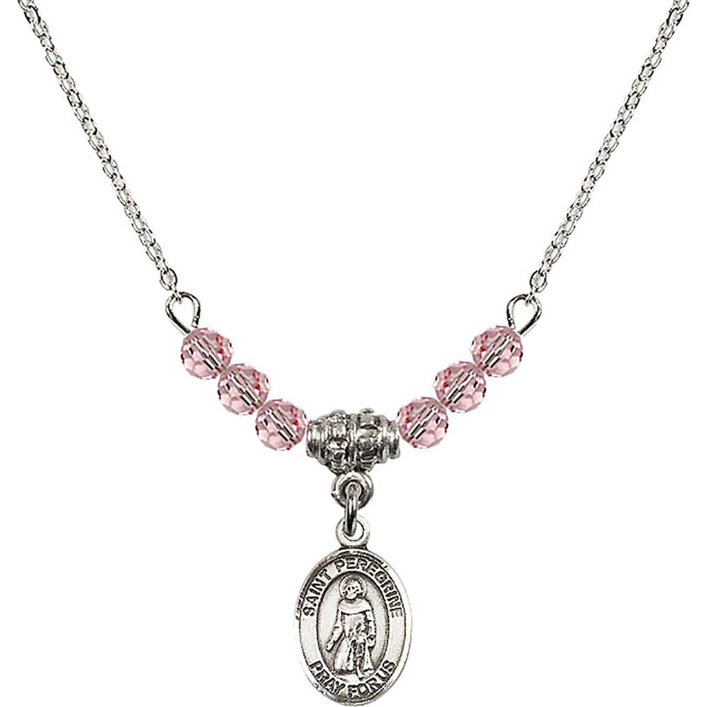 Sterling Silver Saint Peregrine Laziosi Birthstone Necklace with Light Rose Beads - 9088