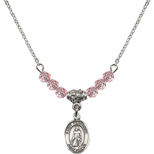 Sterling Silver Saint Peregrine Laziosi Birthstone Necklace with Light Rose Beads - 9088