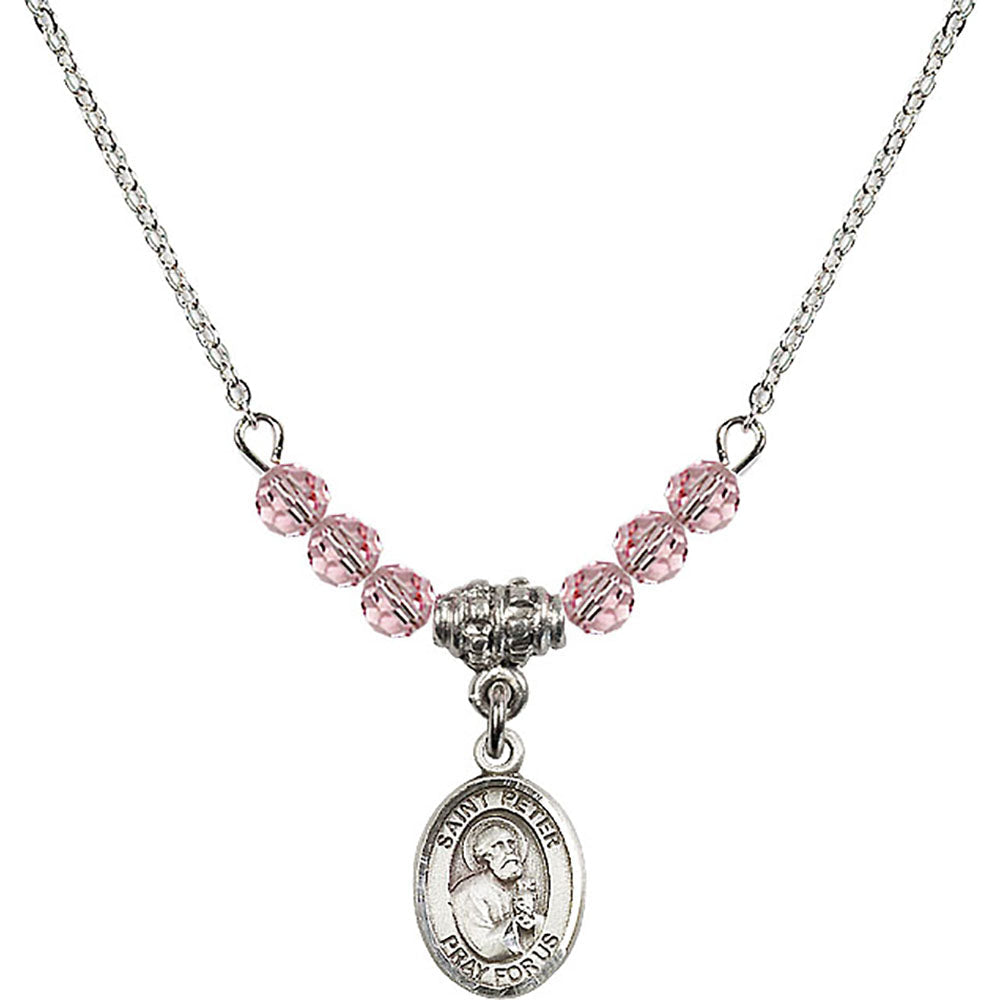 Sterling Silver Saint Peter the Apostle Birthstone Necklace with Light Rose Beads - 9090