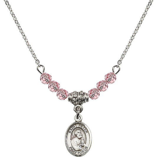 Sterling Silver Saint Peter the Apostle Birthstone Necklace with Light Rose Beads - 9090