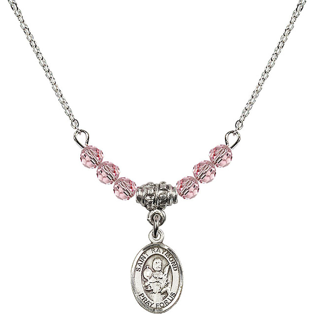 Sterling Silver Saint Raymond Nonnatus Birthstone Necklace with Light Rose Beads - 9091