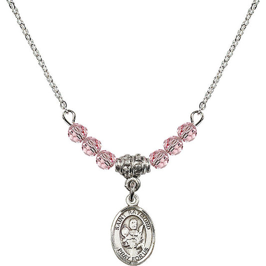 Sterling Silver Saint Raymond Nonnatus Birthstone Necklace with Light Rose Beads - 9091
