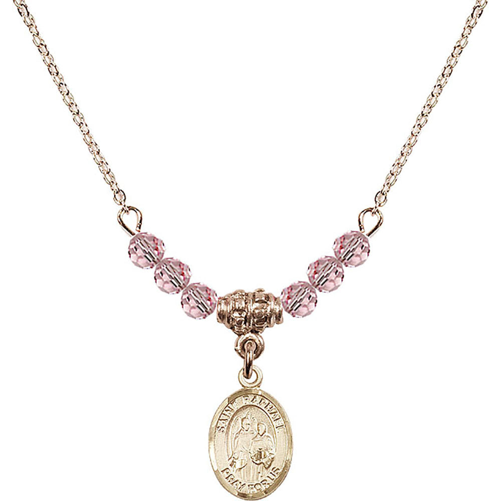 14kt Gold Filled Saint Raphael the Archangel Birthstone Necklace with Light Rose Beads - 9092