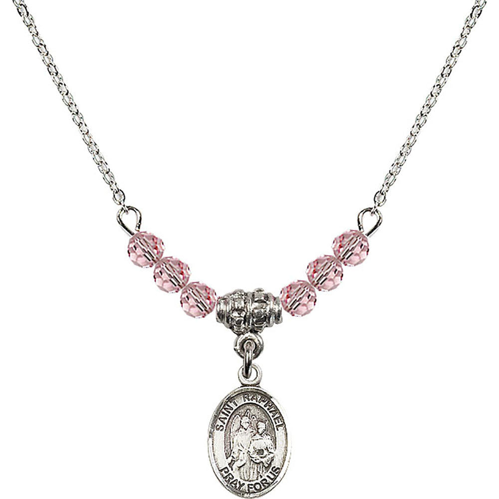 Sterling Silver Saint Raphael the Archangel Birthstone Necklace with Light Rose Beads - 9092