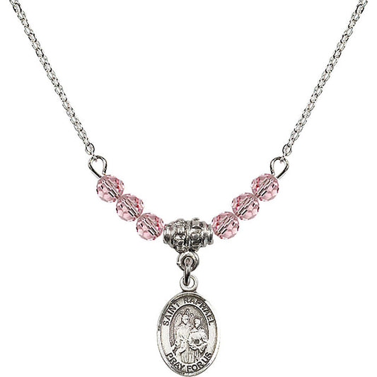 Sterling Silver Saint Raphael the Archangel Birthstone Necklace with Light Rose Beads - 9092