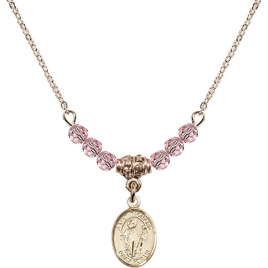 14kt Gold Filled Saint Richard Birthstone Necklace with Light Rose Beads - 9093