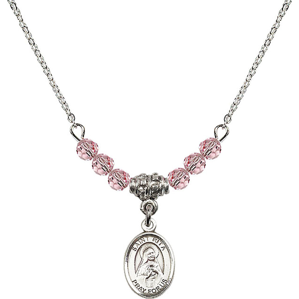 Sterling Silver Saint Rita of Cascia Birthstone Necklace with Light Rose Beads - 9094