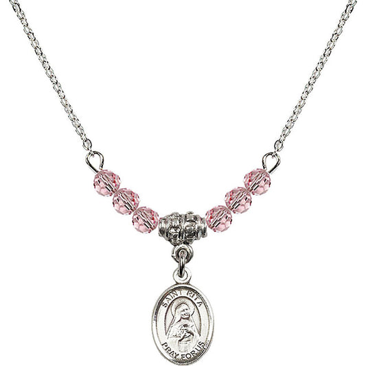 Sterling Silver Saint Rita of Cascia Birthstone Necklace with Light Rose Beads - 9094