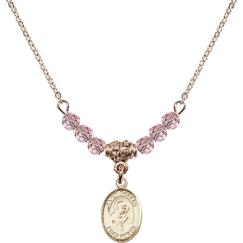14kt Gold Filled Saint Robert Bellarmine Birthstone Necklace with Light Rose Beads - 9096
