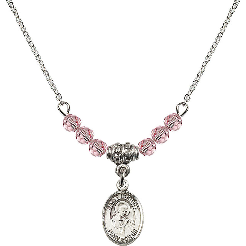 Sterling Silver Saint Robert Bellarmine Birthstone Necklace with Light Rose Beads - 9096
