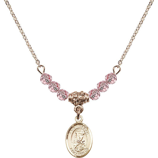 14kt Gold Filled Saint Sarah Birthstone Necklace with Light Rose Beads - 9097