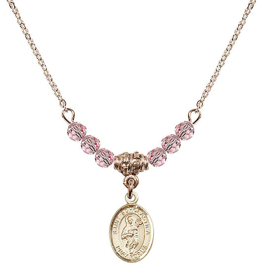 14kt Gold Filled Saint Scholastica Birthstone Necklace with Light Rose Beads - 9099