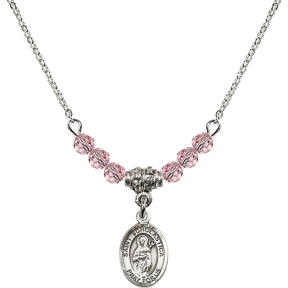 Sterling Silver Saint Scholastica Birthstone Necklace with Light Rose Beads - 9099