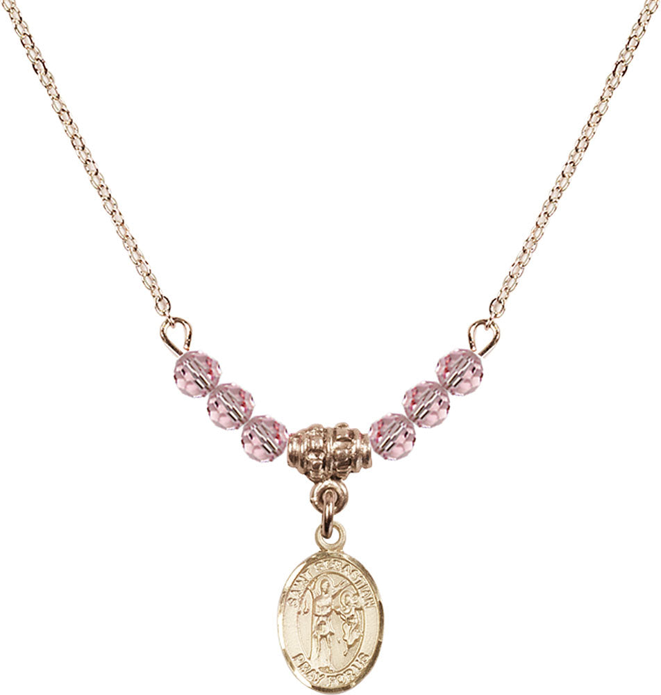 14kt Gold Filled Saint Sebastian Birthstone Necklace with Light Rose Beads - 9100