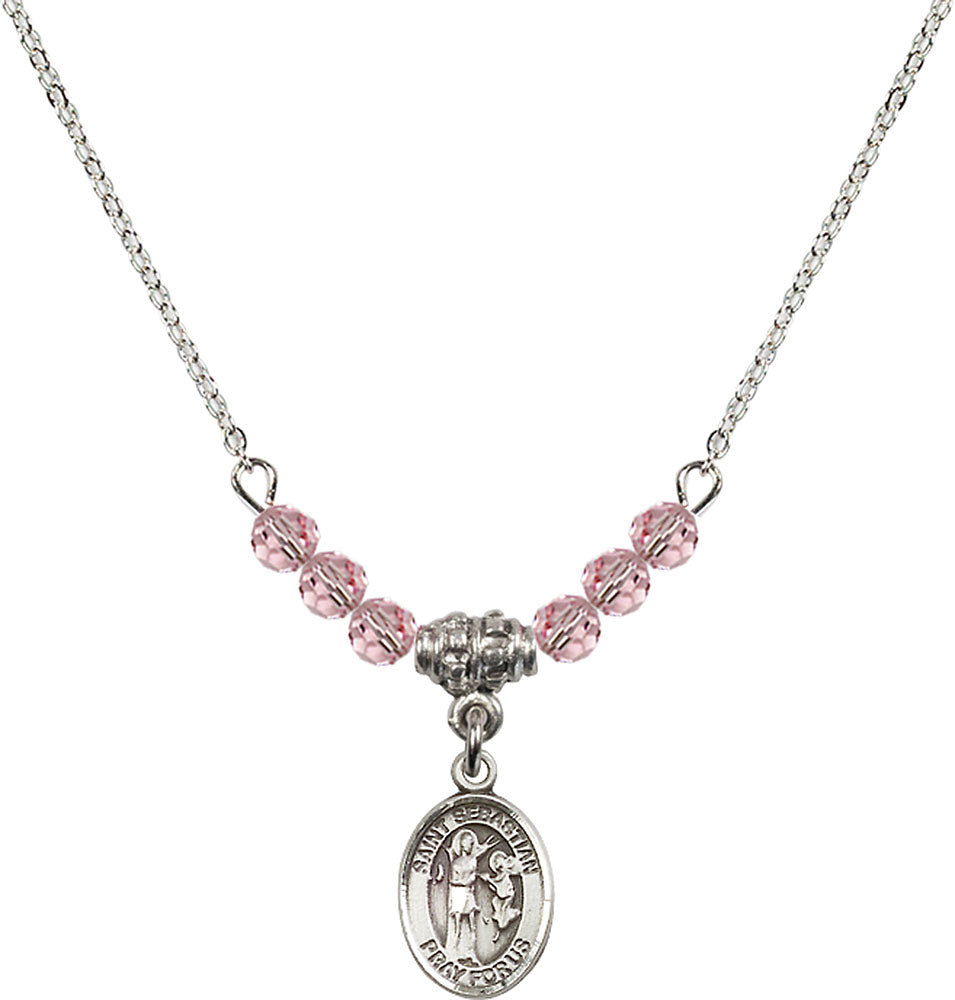 Sterling Silver Saint Sebastian Birthstone Necklace with Light Rose Beads - 9100