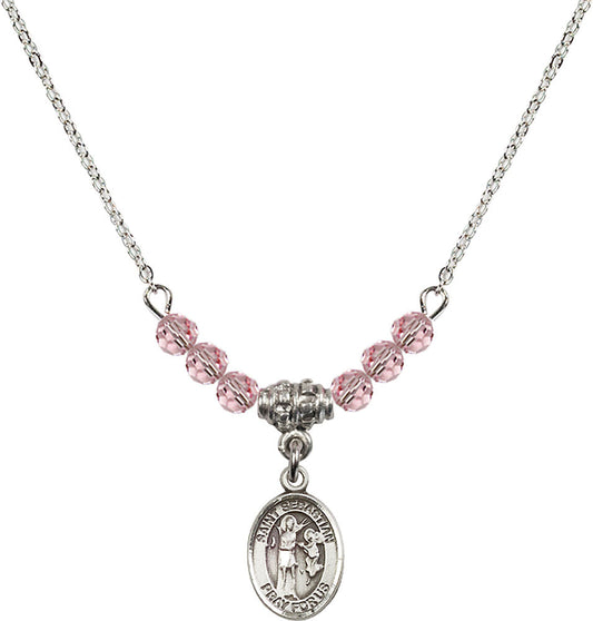 Sterling Silver Saint Sebastian Birthstone Necklace with Light Rose Beads - 9100