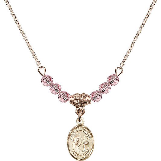 14kt Gold Filled Our Lady Star of the Sea Birthstone Necklace with Light Rose Beads - 9101