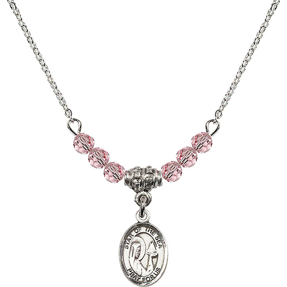 Sterling Silver Our Lady Star of the Sea Birthstone Necklace with Light Rose Beads - 9101