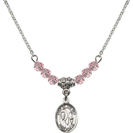 Sterling Silver Our Lady Star of the Sea Birthstone Necklace with Light Rose Beads - 9101
