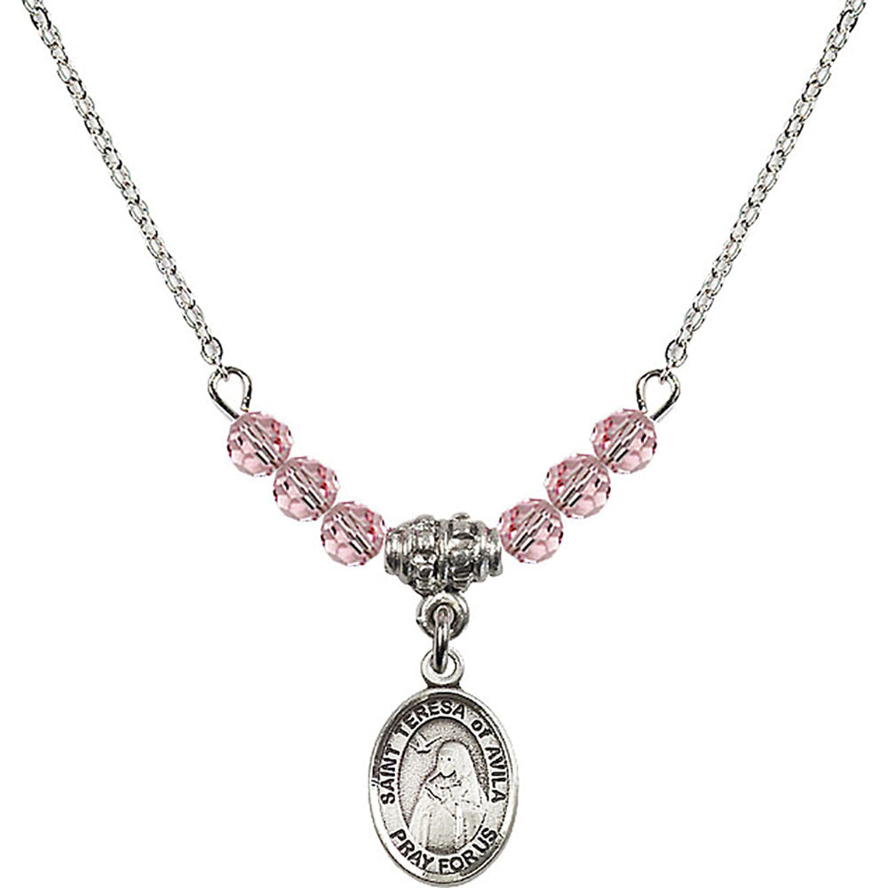 Sterling Silver Saint Teresa of Avila Birthstone Necklace with Light Rose Beads - 9102