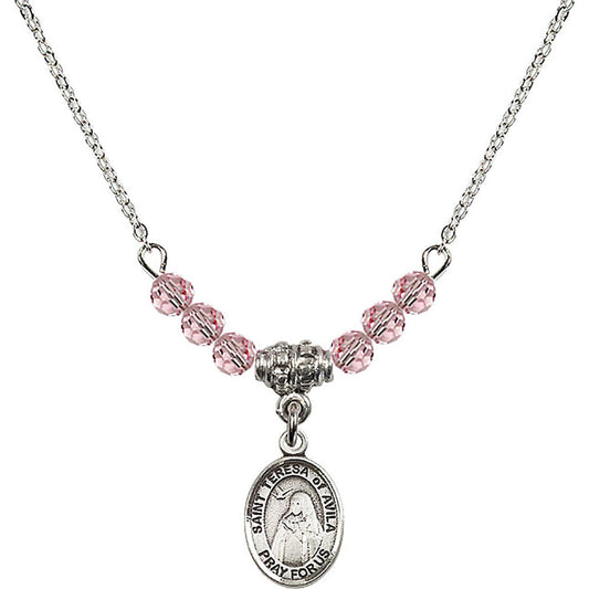 Sterling Silver Saint Teresa of Avila Birthstone Necklace with Light Rose Beads - 9102