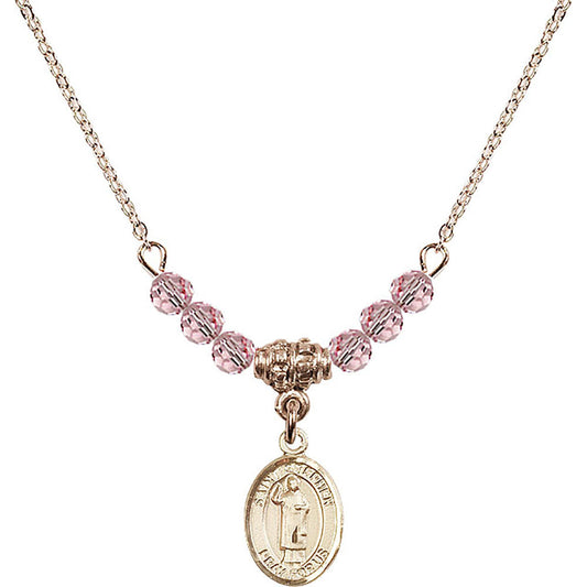 14kt Gold Filled Saint Stephen the Martyr Birthstone Necklace with Light Rose Beads - 9104