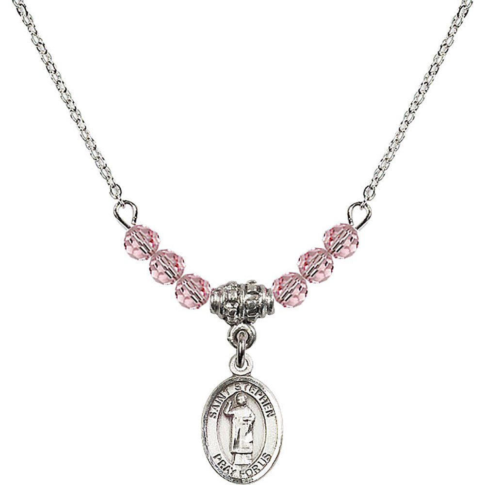 Sterling Silver Saint Stephen the Martyr Birthstone Necklace with Light Rose Beads - 9104