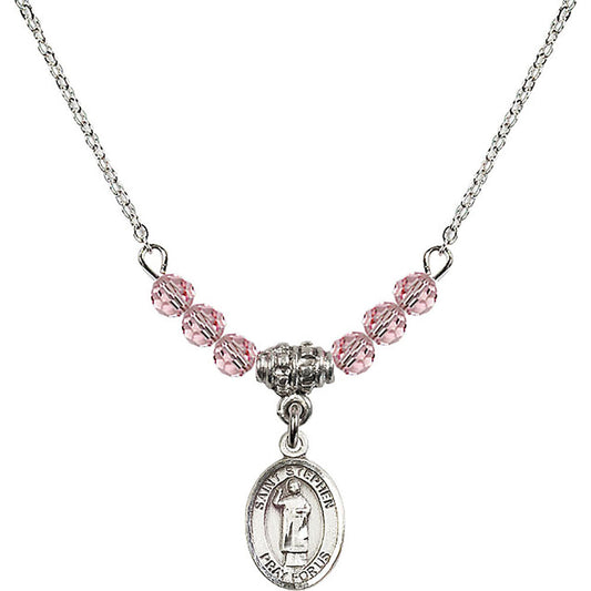 Sterling Silver Saint Stephen the Martyr Birthstone Necklace with Light Rose Beads - 9104