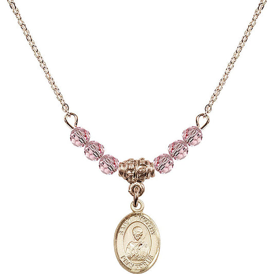 14kt Gold Filled Saint Timothy Birthstone Necklace with Light Rose Beads - 9105
