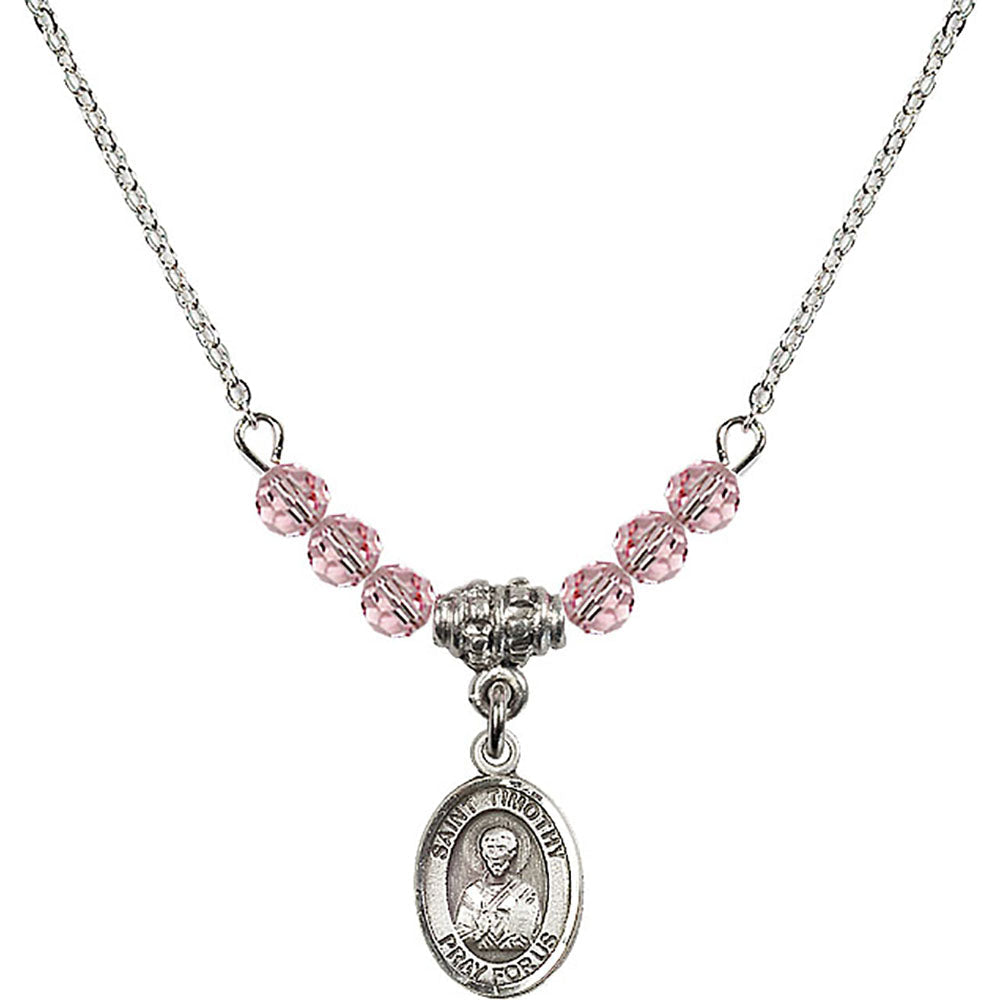 Sterling Silver Saint Timothy Birthstone Necklace with Light Rose Beads - 9105