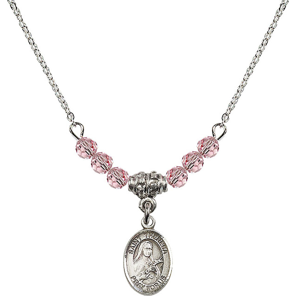Sterling Silver Saint Theresa Birthstone Necklace with Light Rose Beads - 9106